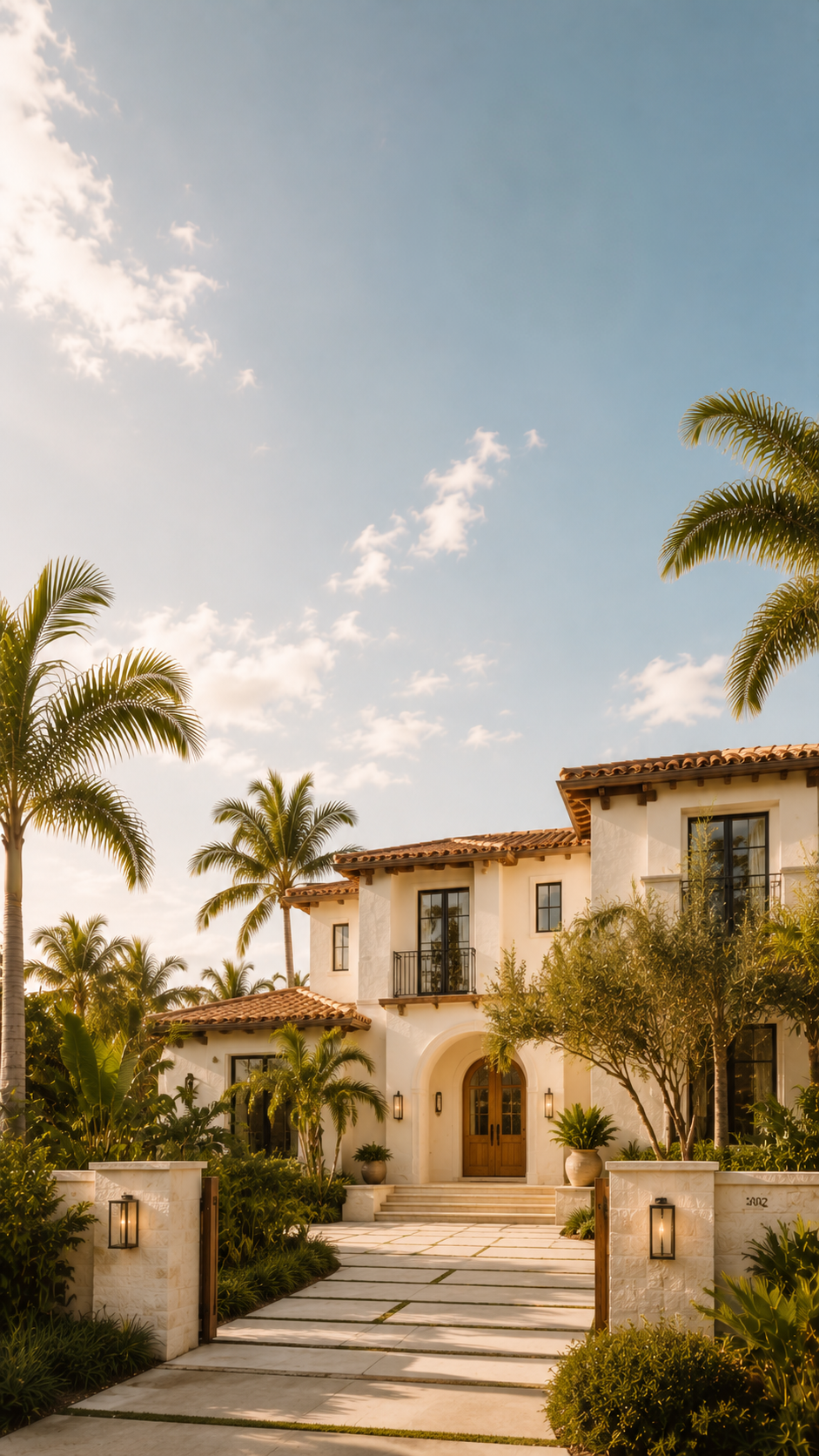 A sunlit home surrounded by palm trees