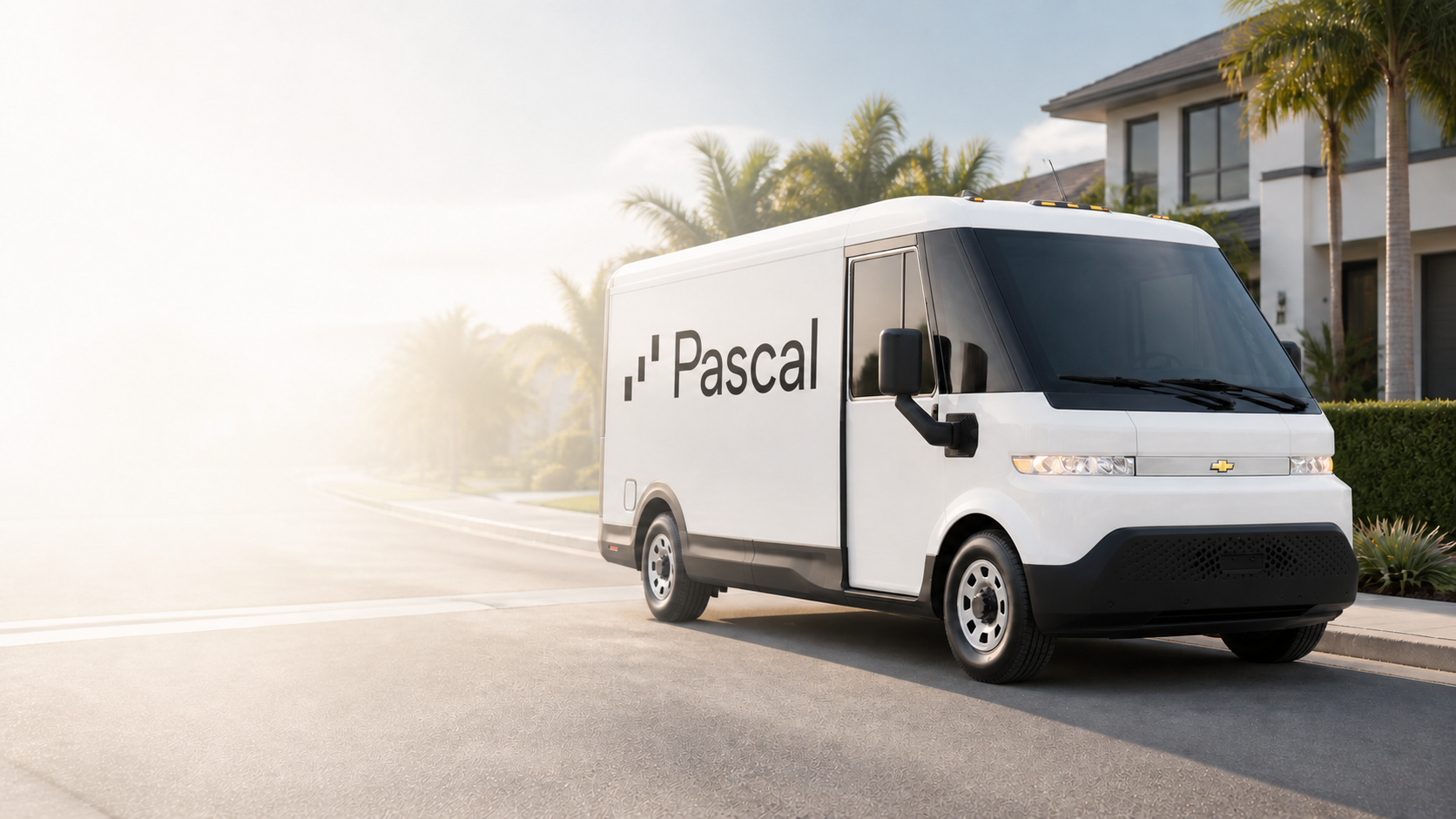A white Chevrolet BrightDrop electric Pascal service van